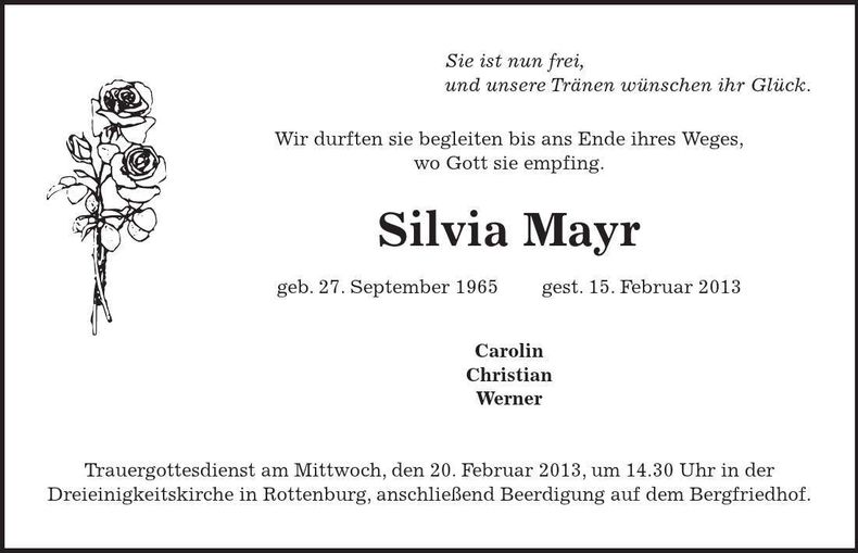 Traueranzeige Silvia Mayr