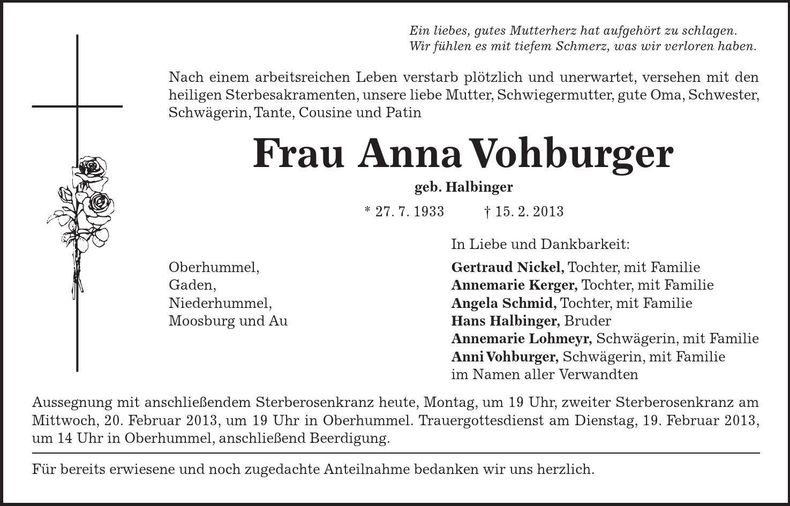 Traueranzeige Anna Vohburger