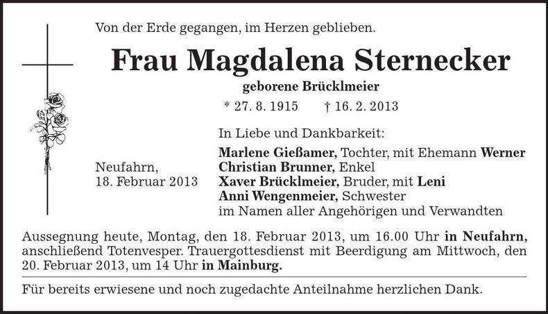 Traueranzeige Magdalena Sternecker
