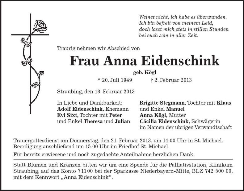 Traueranzeige Anna Eidenschink