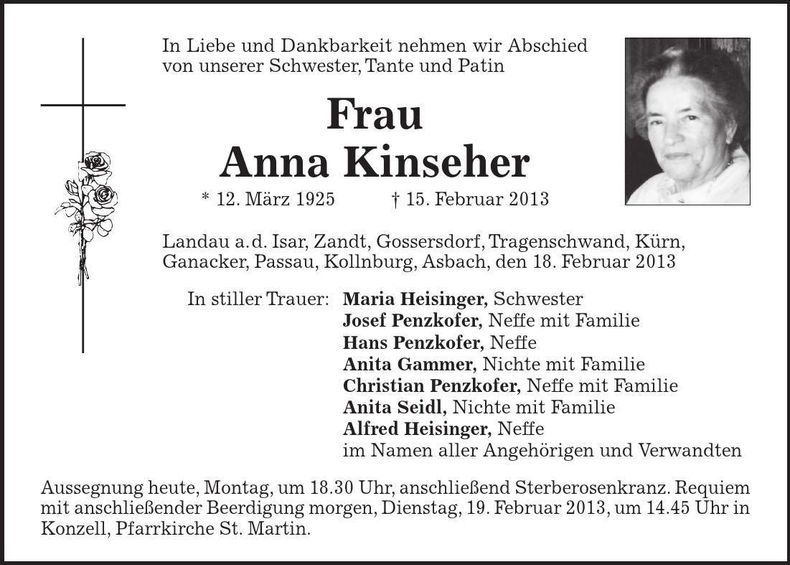 Traueranzeige Anna Kinseher