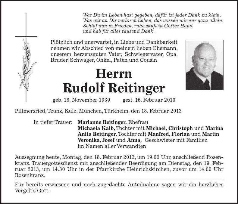 Traueranzeige Rudolf Reitinger