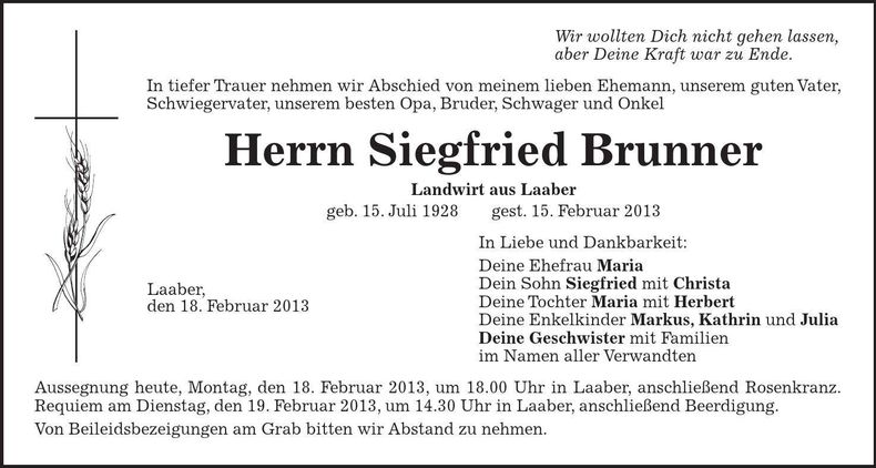 Traueranzeige Siegfried Brunner