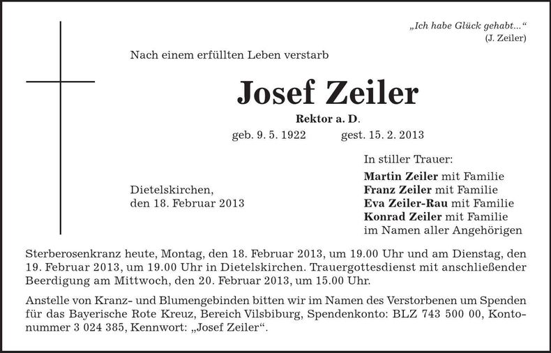 Traueranzeige Josef Zeiler