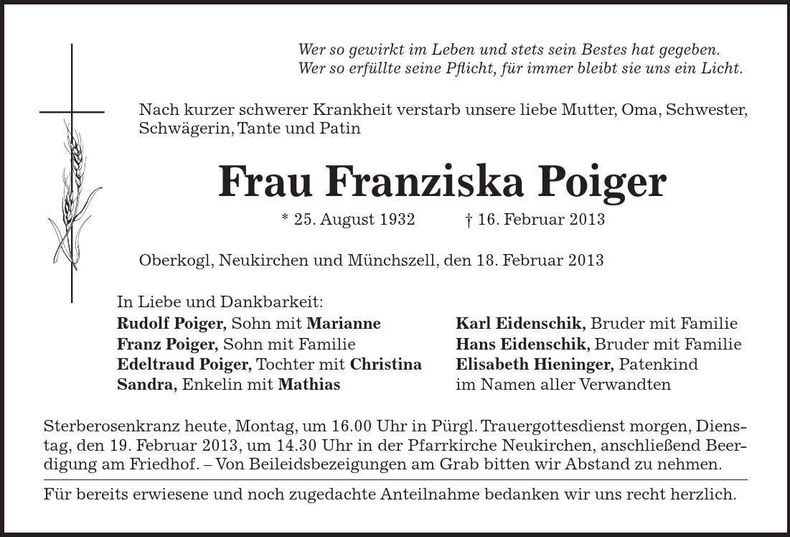 Traueranzeige Franziska Poiger