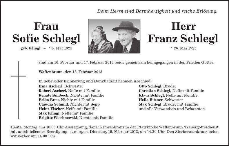 Traueranzeige Sofie und Franz Schlegl