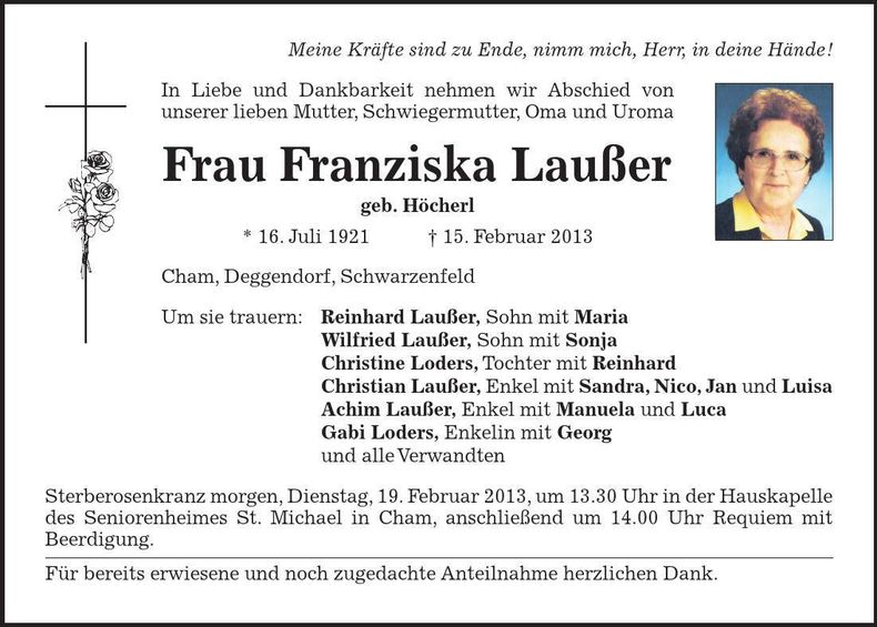 Traueranzeige Franziska Laußer