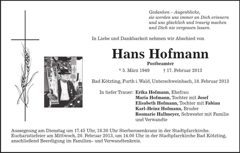 Traueranzeige Hans Hofmann