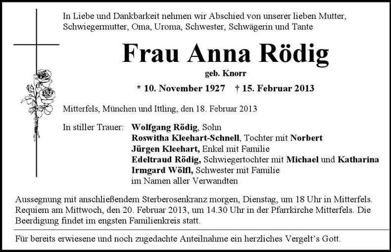 Traueranzeige Anna Rödig