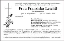 Traueranzeige Franziska Leichtl