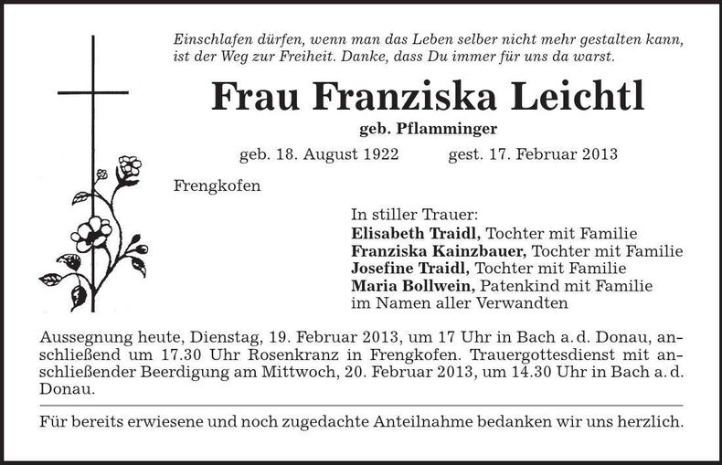 Traueranzeige Franziska Leichtl