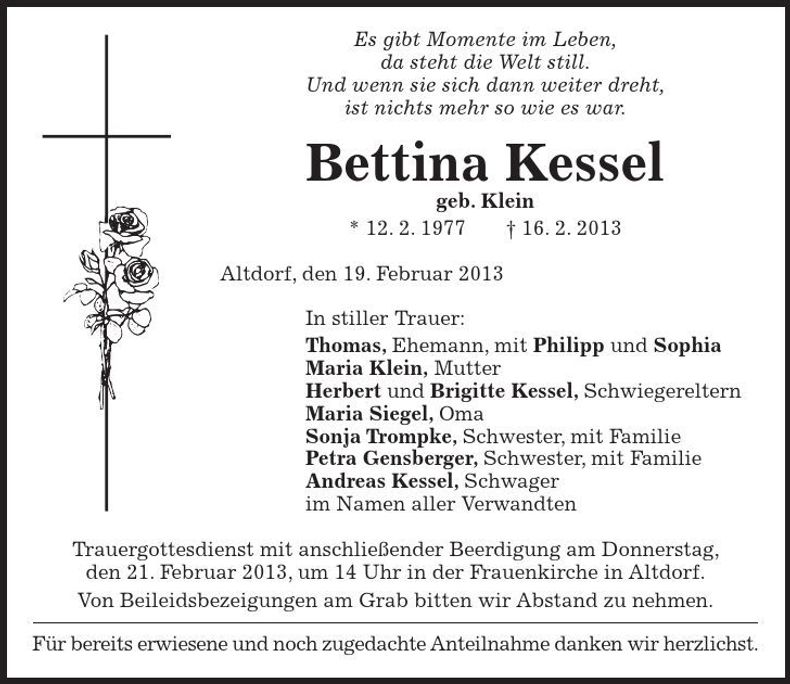 Traueranzeige Bettina Kessel