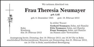 Traueranzeige Theresia Neumayer