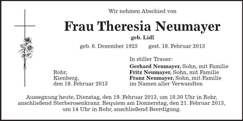 Traueranzeige Theresia Neumayer
