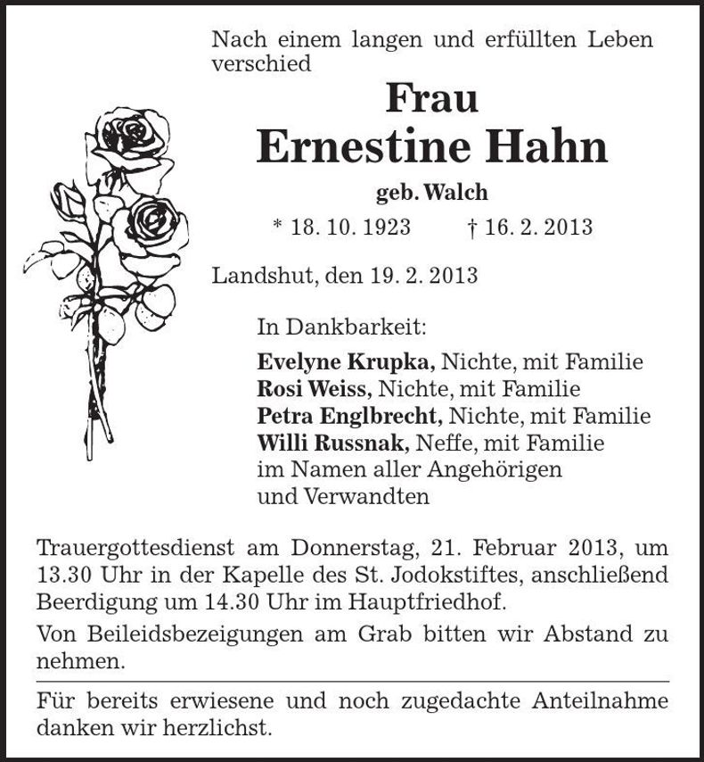 Traueranzeige Ernestine Hahn