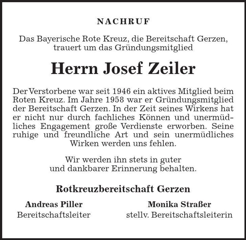 Traueranzeige Josef Zeiler