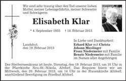 Traueranzeige Elisabeth Klar