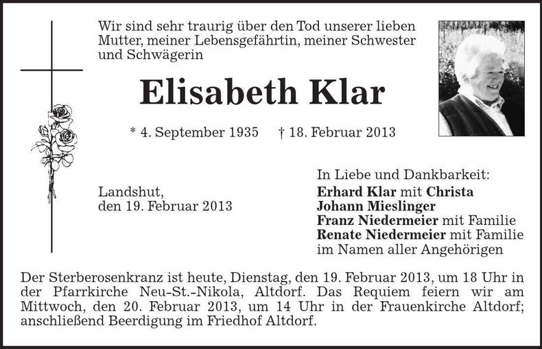 Traueranzeige Elisabeth Klar