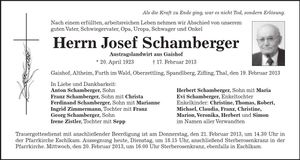 Traueranzeige Josef Schamberger