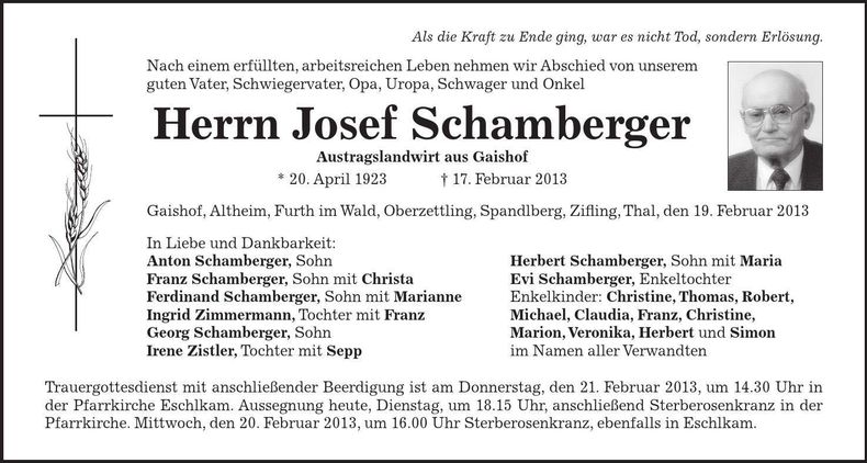 Traueranzeige Josef Schamberger