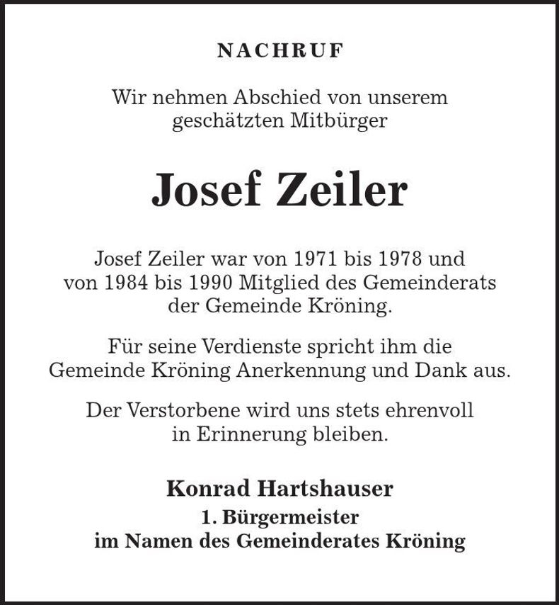 Traueranzeige Josef Zeiler