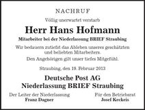 Traueranzeige Hans Hofmann