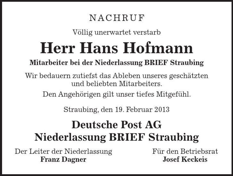 Traueranzeige Hans Hofmann