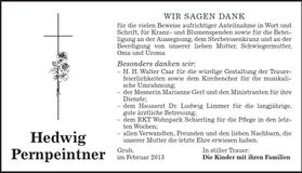 Traueranzeige Hedwig Pernpeintner