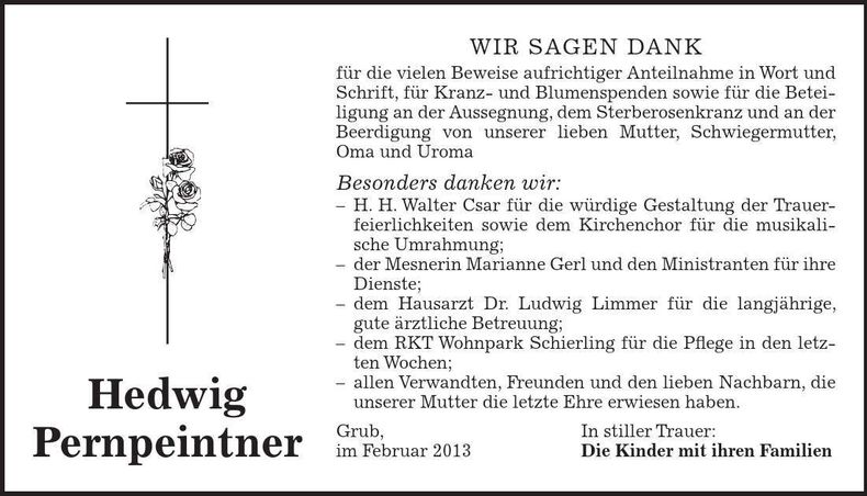 Traueranzeige Hedwig Pernpeintner