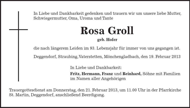 Traueranzeige Rosa Groll