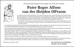 Traueranzeige Roger Alfons Pater van der Heijden OPraem
