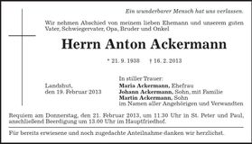 Traueranzeige Anton Ackermann
