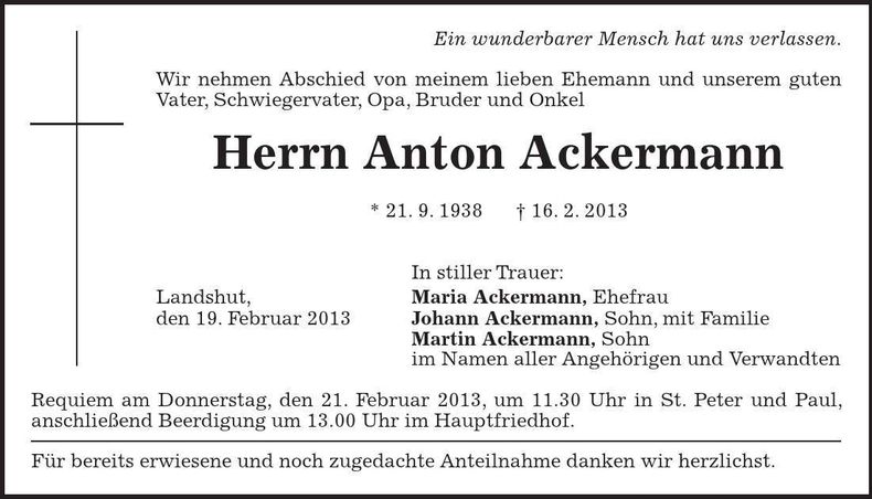 Traueranzeige Anton Ackermann