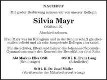 Traueranzeige Silvia Mayr