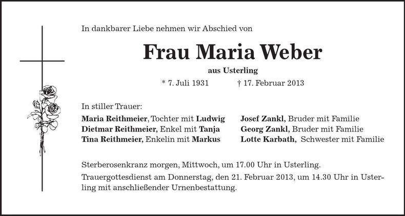 Traueranzeige Maria Weber