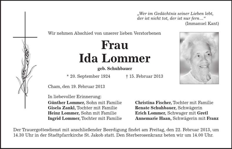Traueranzeige Ida Lommer