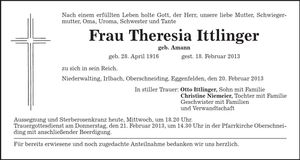 Traueranzeige Theresia Ittlinger