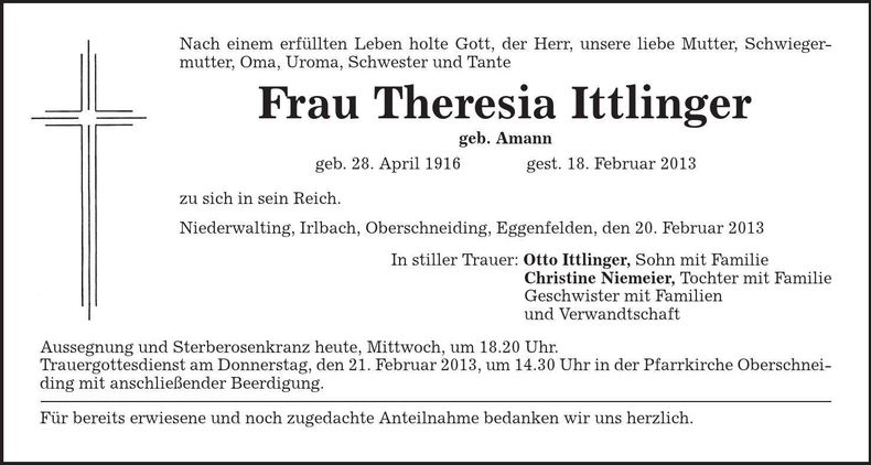 Traueranzeige Theresia Ittlinger