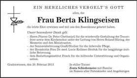 Traueranzeige Berta Klingseisen