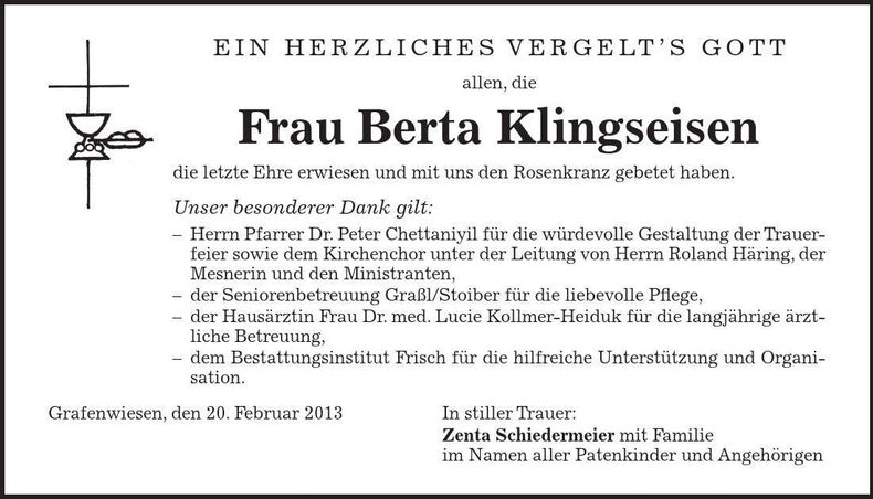 Traueranzeige Berta Klingseisen