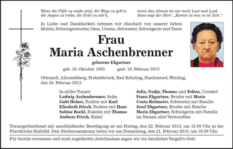 Traueranzeige Maria Aschenbrenner