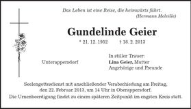 Traueranzeige Gundelinde Geier