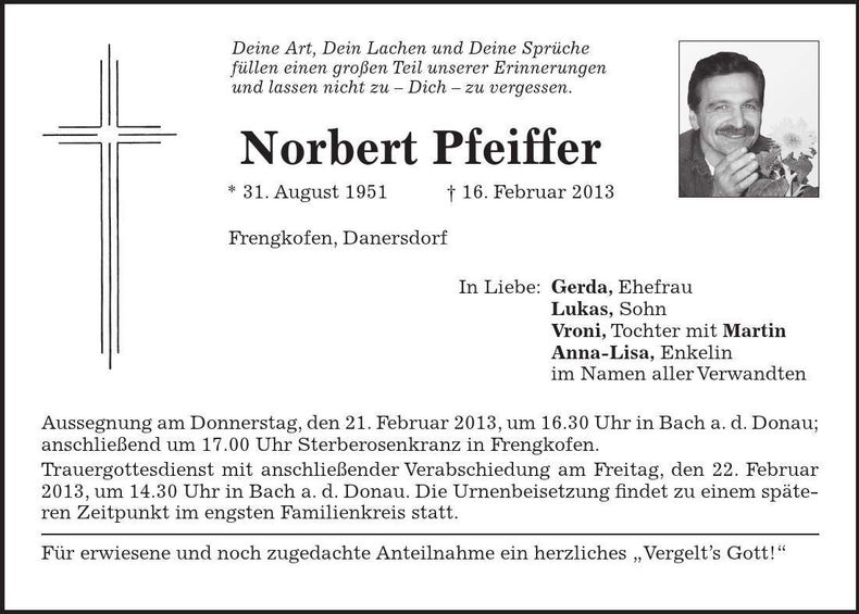 Traueranzeige Norbert Pfeiffer