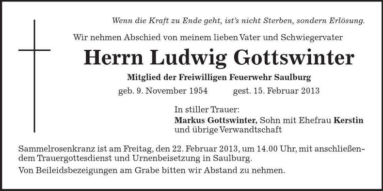 Traueranzeige Ludwig Gottswinter