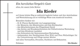 Traueranzeige Ida Rieder