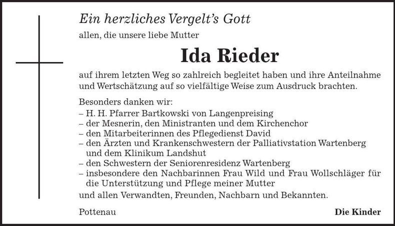 Traueranzeige Ida Rieder