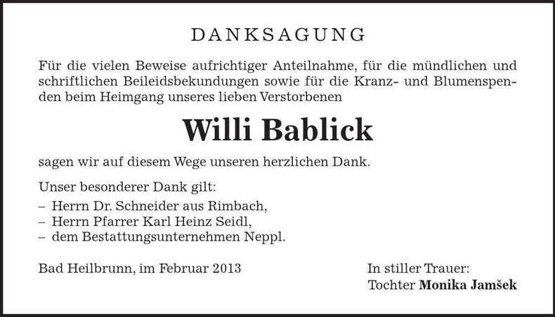 Traueranzeige Willi Bablick