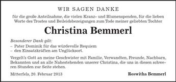 Traueranzeige Christina Bemmerl