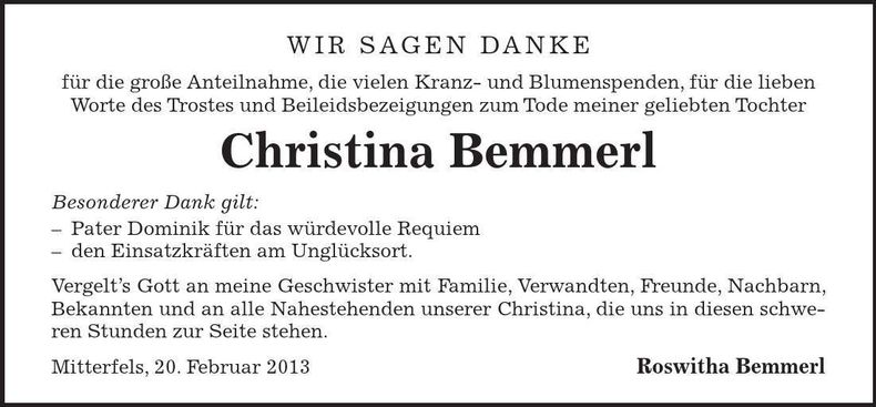 Traueranzeige Christina Bemmerl
