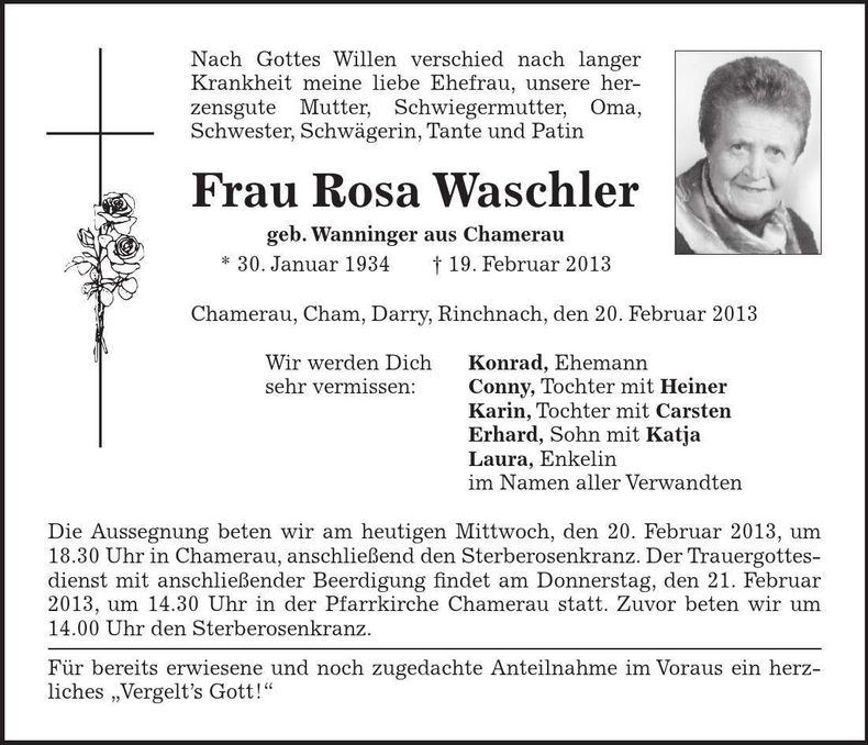 Traueranzeige Rosa Waschler